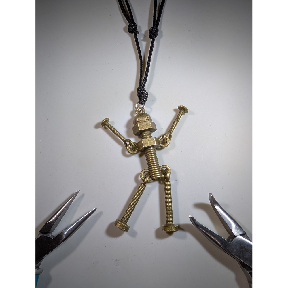 Handmade‎ Steampunk Robot Nut and Bolt Pendant Adjustable Cord Necklace Brass